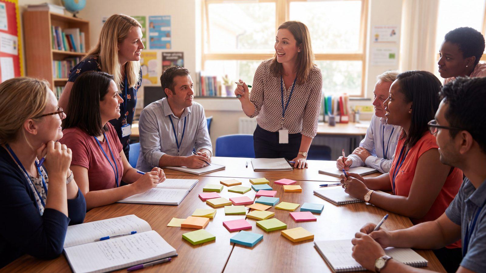 Educators collaborating around a table during a professional development workshop