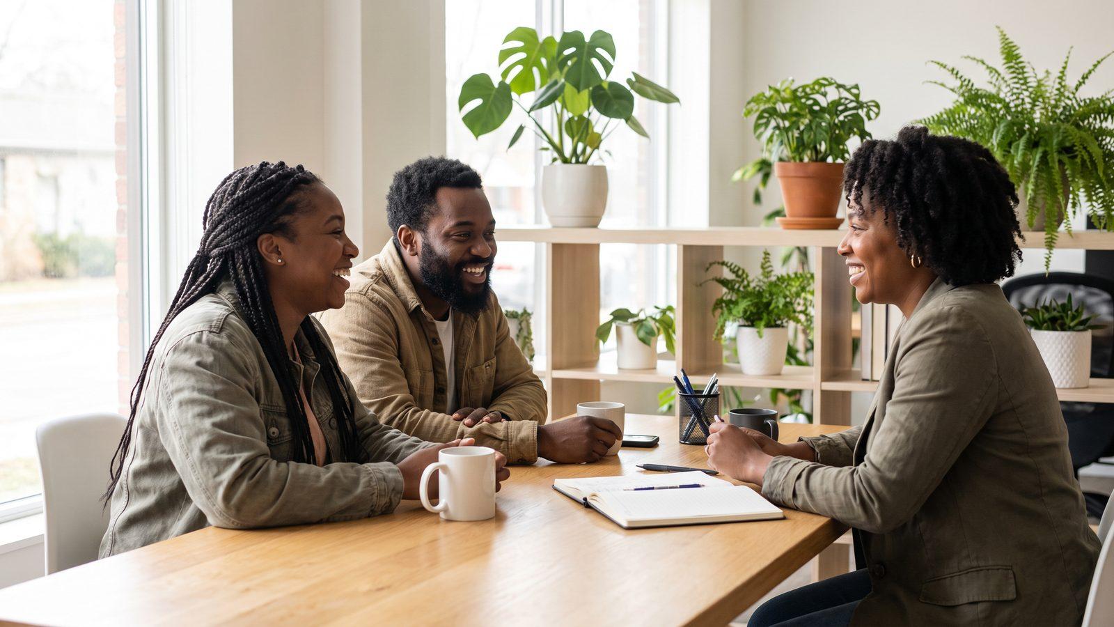 Parents talking with a friendly advisor in a warm, plant-filled office